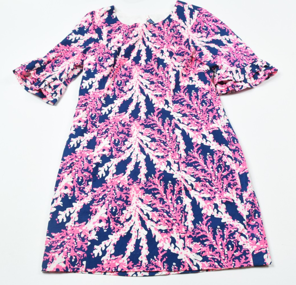 Lilly Pulitzer Fiesta Stretch Shift Dress Womens 8 Blue Pink Coral Ruffle Sleeve